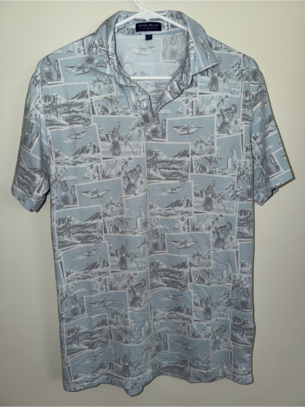 Peter Millar Crown Crafted Hawaiian Polo Shirt Blue Hula Print Men’s Small